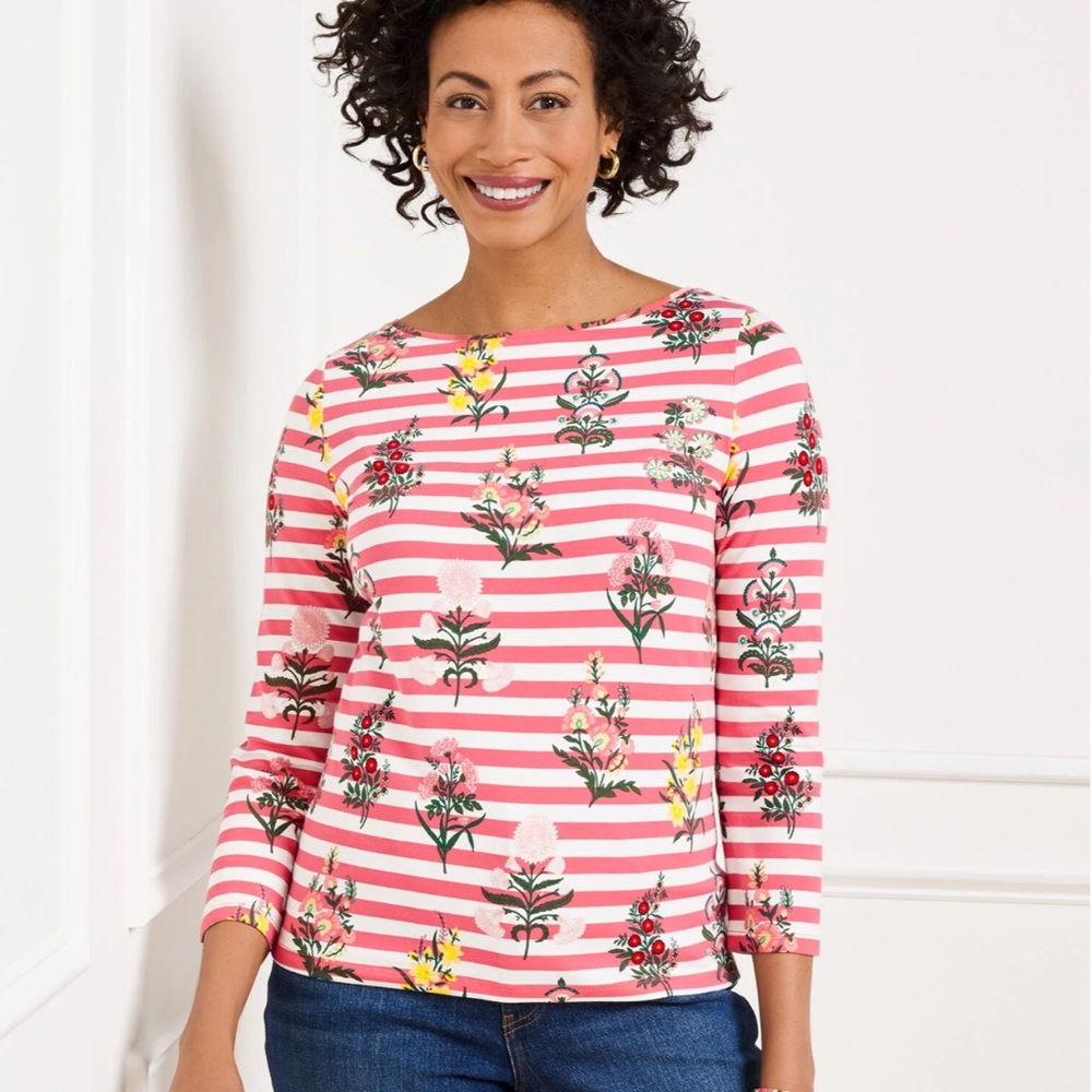 TALBOTS BATEAU NECK TEE FLORAL RADIANCE STRIPE PETITE NWT